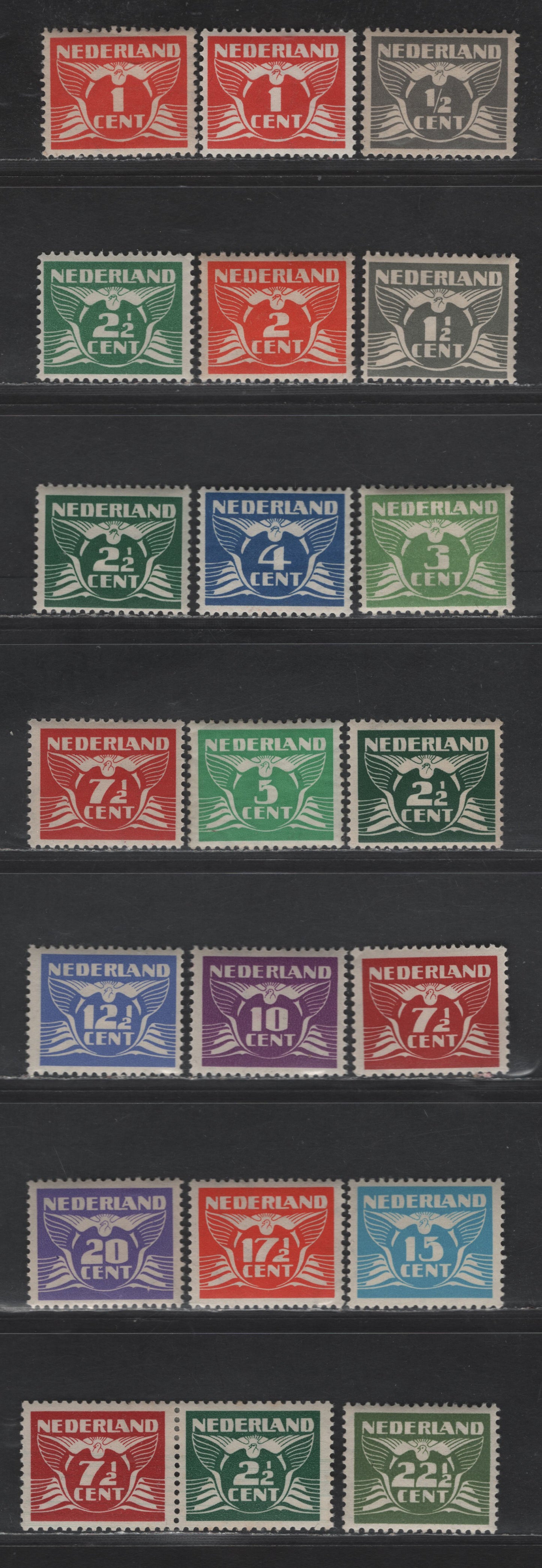 Lot 241 Netherlands SC#164-165, 167-1671, 243A, 243F, 243C,243E, 243G, 243H, 243J, 243K-M 1/2c - 22.5c Gray - Olive Green Gull, 1926-1941 Gull Definitive Issue, 21 F/VFOG Singles