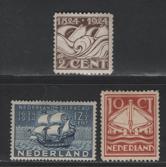 Lot 242 Netherlands SC#140-141, 203 2c - 12.5c Black Brown - Dull Blue Royal Dutch Lifeboat Society - Curacao Tercentenary, 1924-1934 Royal Dutch Lifeboat Society - Curacao Tercentenary Issues, 3 F/VFOG Singles, Small Gum Thin On 203