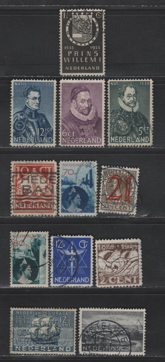 Lot 243 Netherlands SC#140-141, 194-203 2c - 12.5c Black Brown - Dull Blue Royal Dutch Lifeboat Society - Curacao Tercentenary, 1924-1934 Royal Dutch Lifeboat Society - Curacao Tercentenary Issues, 12 Fine/Very Fine Used Singles