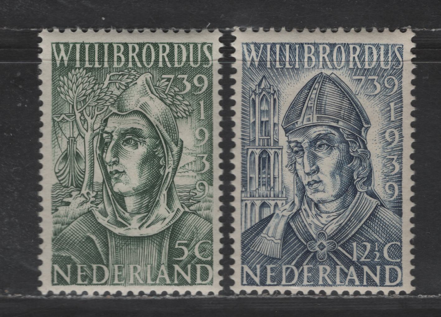Lot 244 Netherlands SC#212-213 5c - 12.5c Dark Slate Green - Slate Blue St. Willibrord, 1939 12th Centenary of Death of St Willibrord Issue, 2 VFOG Singles