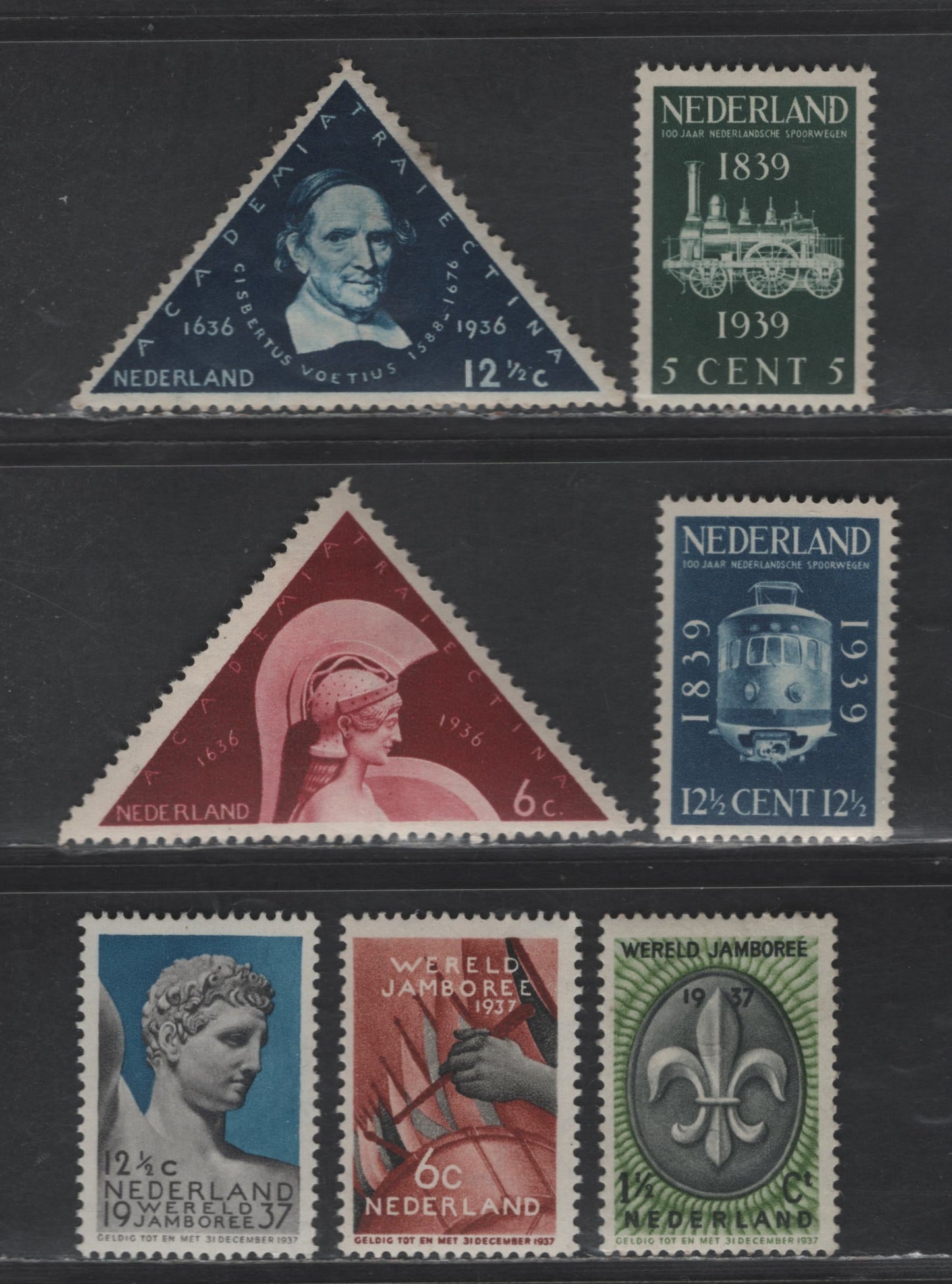 Netherlands SC#204-208, 214-215 6c - 12.5c Brown Lake - Dark Blue University At Utrecht - Dutch Railroads, 1936-1939 300th Anniv of Founding of University At Utrecht - Centenary Of Dutch Railroads Issues, 7 VFOG Singles