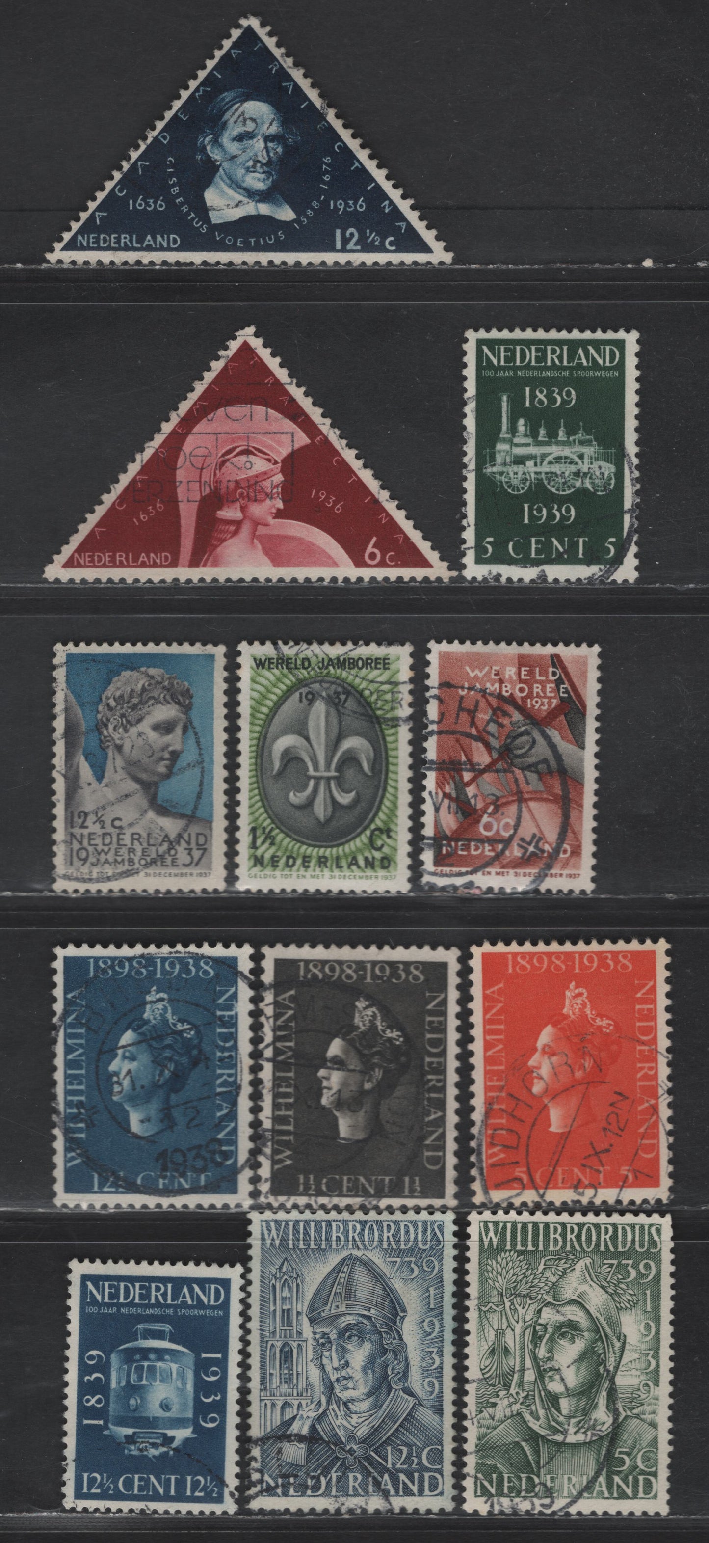 Netherlands SC#204-215 6c - 12.5c Brown Lake - Dark Blue University At Utrecht - Dutch Railroads, 1936-1939 300th Anniv of Founding of University At Utrecht - Centenary Of Dutch Railroads Issues, 12 Very Fine Used Singles