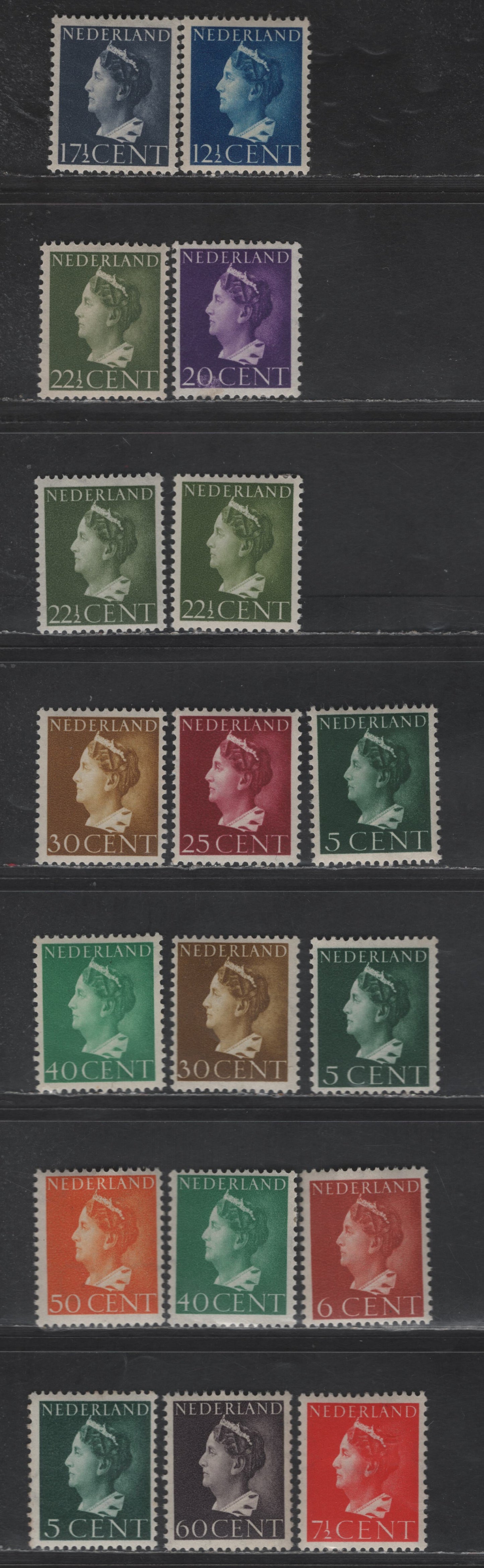 Lot 247 Netherlands SC#216/225B 5c - 60c Dark Green - Purple Brown Queen Wilhelmina, 1940-1947 Queen Wilhelmina Issue, 18 F/VFOG Singles, Shade Variations