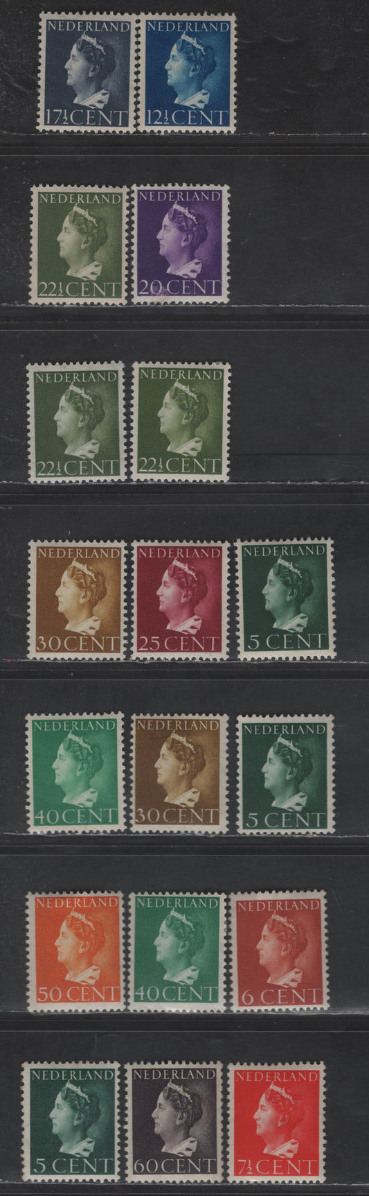 Lot 247 Netherlands SC#216/225B 5c - 60c Dark Green - Purple Brown Queen Wilhelmina, 1940-1947 Queen Wilhelmina Issue, 18 F/VFOG Singles, Shade Variations