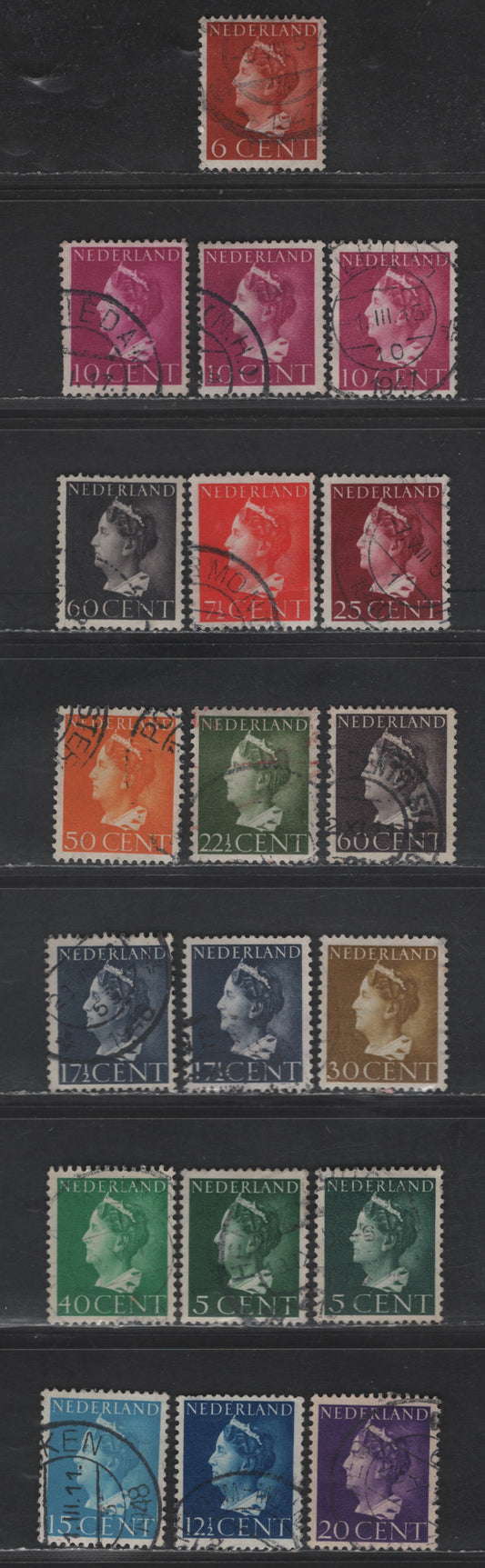 Lot 248 Netherlands SC#216-225B 5c - 60c Dark Green - Purple Brown Queen Wilhelmina, 1940-1947 Queen Wilhelmina Issue, 19 Fine/Very Fine Used Singles, Unlisted Shade Variations