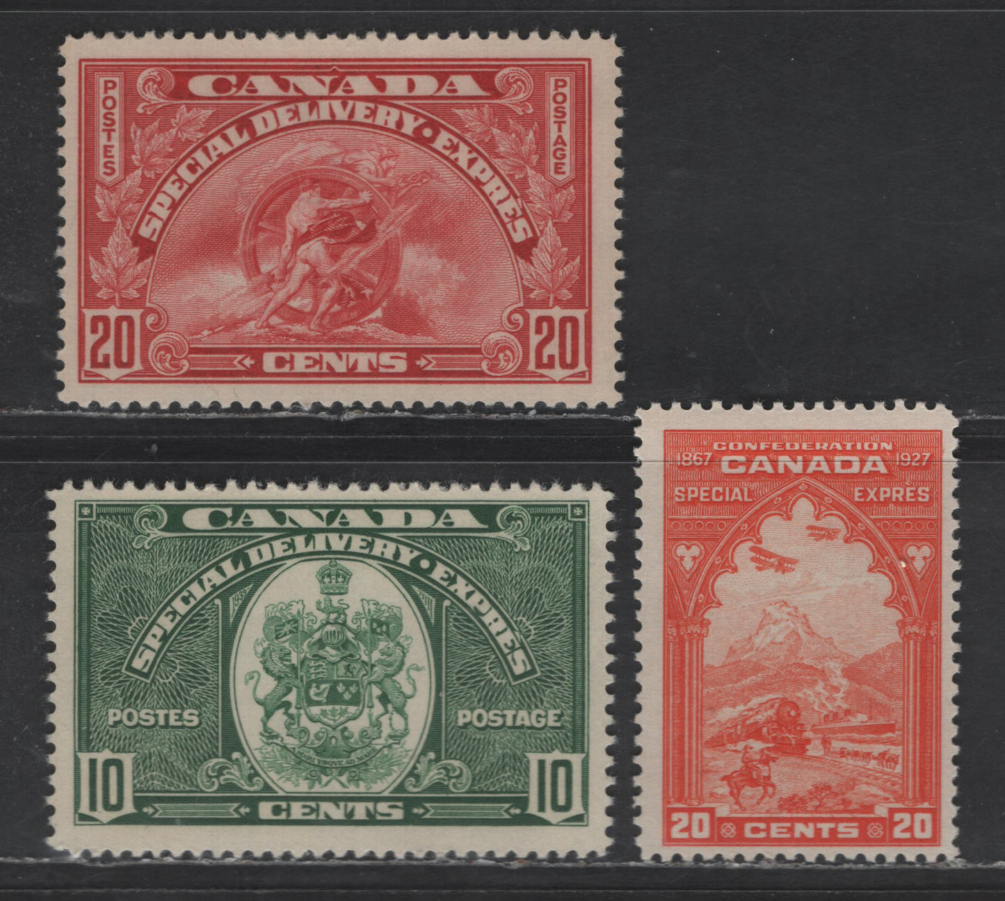 Lot 25 (C) Canada SC#E3, E7-E8 20c - 10c Orange - Dark Carmine Train & Scene - Emblem, 1927-1935 Special Delivery Issues, 3 F/VFNH Singles