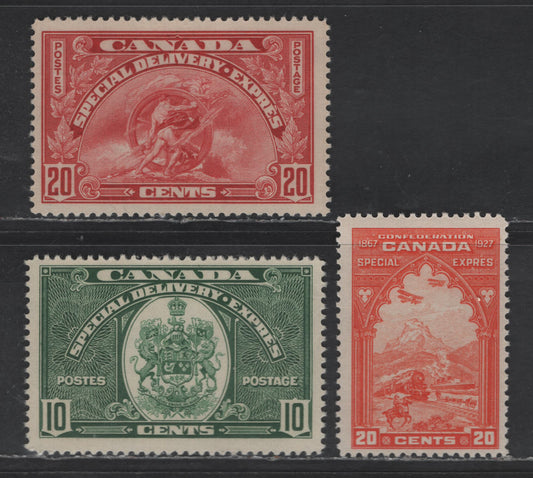 Lot 25 (C) Canada SC#E3, E7-E8 20c - 10c Orange - Dark Carmine Train & Scene - Emblem, 1927-1935 Special Delivery Issues, 3 F/VFNH Singles