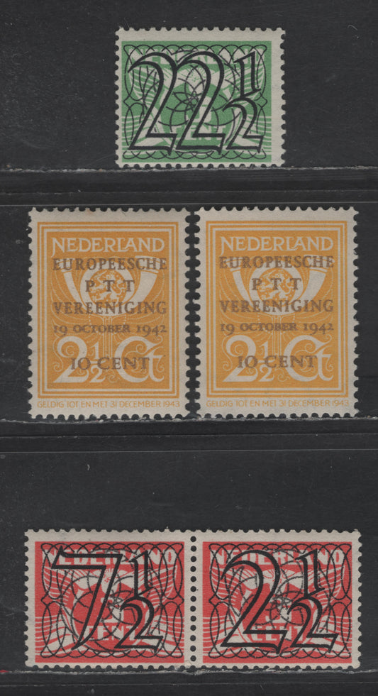 Lot 253 Netherlands SC#228a, 233, 244 2.5c on 3c - 10c on 2.5c Vermillion - Yellow Surcharged - European Union Of Posts & Telegraphs, 1940-1943 Surcharged - European Union Of Posts & Telegraphs Issues, 5 VFNH Singles