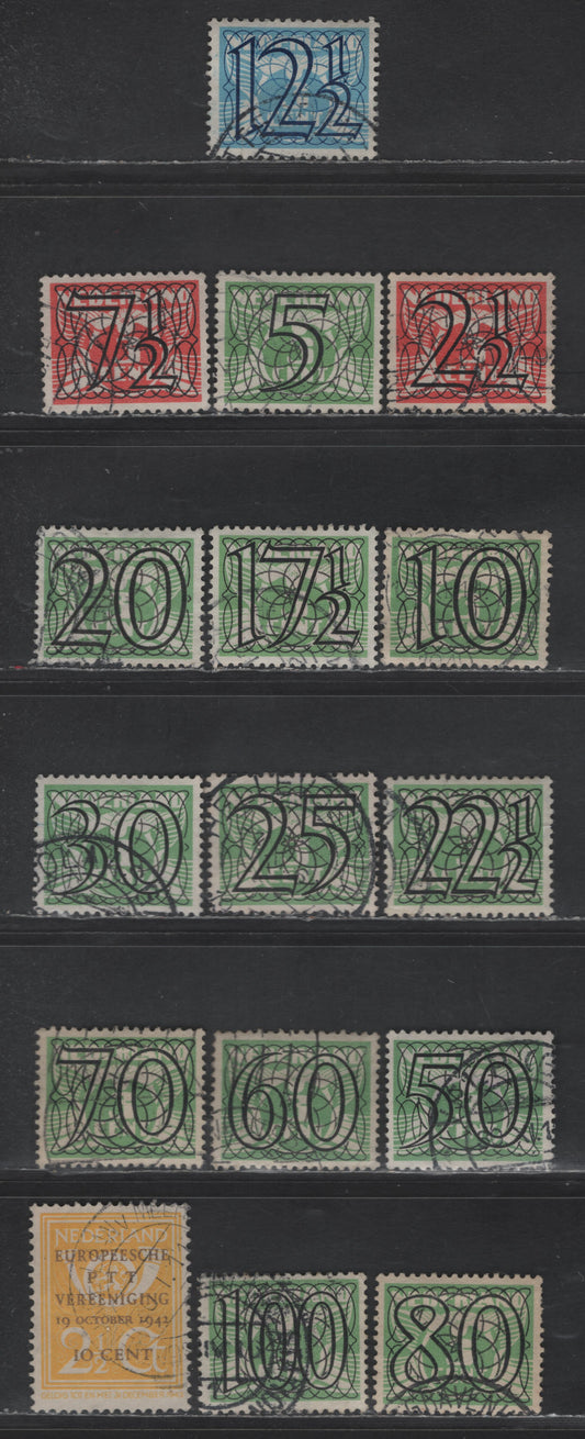 Lot 254 Netherlands SC#226-236, 237-241 2.5c on 3c - 10c on 2.5c Vermillion - Yellow Surcharges - European Union of Posts & Telegraphs, 1940-1943 Surcharges - European Union of Posts & Telegraphs Issues, 16 Very Fine Used Singles