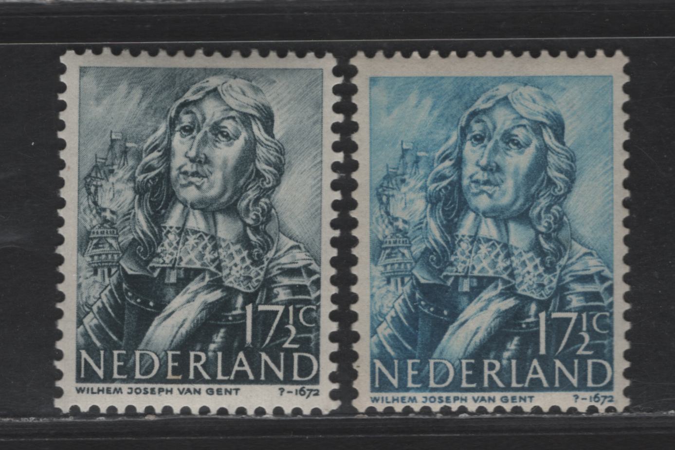 Lot 255 Netherlands SC#256& 2256var 17.5c Slate & Greenish Blue Portrait, 1943-1944 Portraits & Symbols Issue, 2 VFOG Singles, Original Issued Slate Color With Unissued Light Blue Color