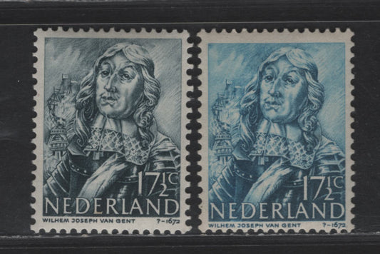 Lot 255 Netherlands SC#256& 2256var 17.5c Slate & Greenish Blue Portrait, 1943-1944 Portraits & Symbols Issue, 2 VFOG Singles, Original Issued Slate Color With Unissued Light Blue Color