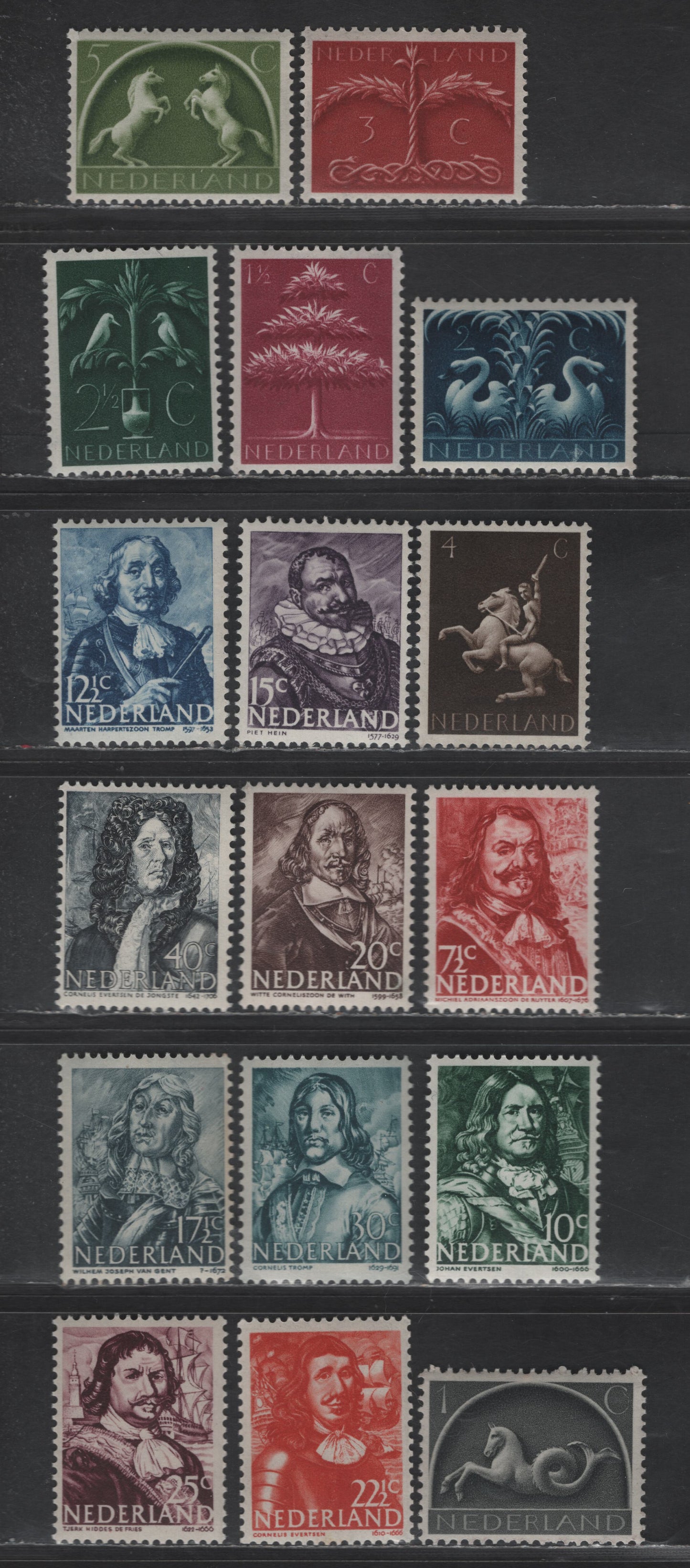 Lot 256 Netherlands SC#245-261 1c - 40c Black - Bluish Black Portrait, 1943-1944 Portraits & Symbols Issue, 17 F/VFNH Singles