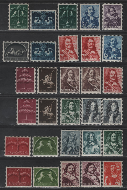 Lot 257 Netherlands SC#245-261, 262a 1c - 40c Black - Bluish Black Portrait, 1943-1944 Portraits & Symbols Issue, 30 VFOG Singles, Most Values Having Unlisted Shade Variations, Includes Both letter Thicknesses On 7.5c