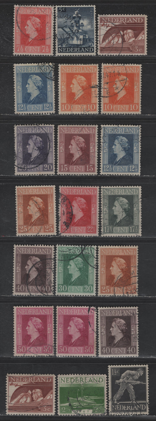 Lot 259 Netherlands SC#262-276 1/2c - 50c Black - Red Violet Queen Wilhelmina, 1944-1946 Bradbury-Wilkinson Pictorial Issue, 21 Fine/Very Fine Used Singles