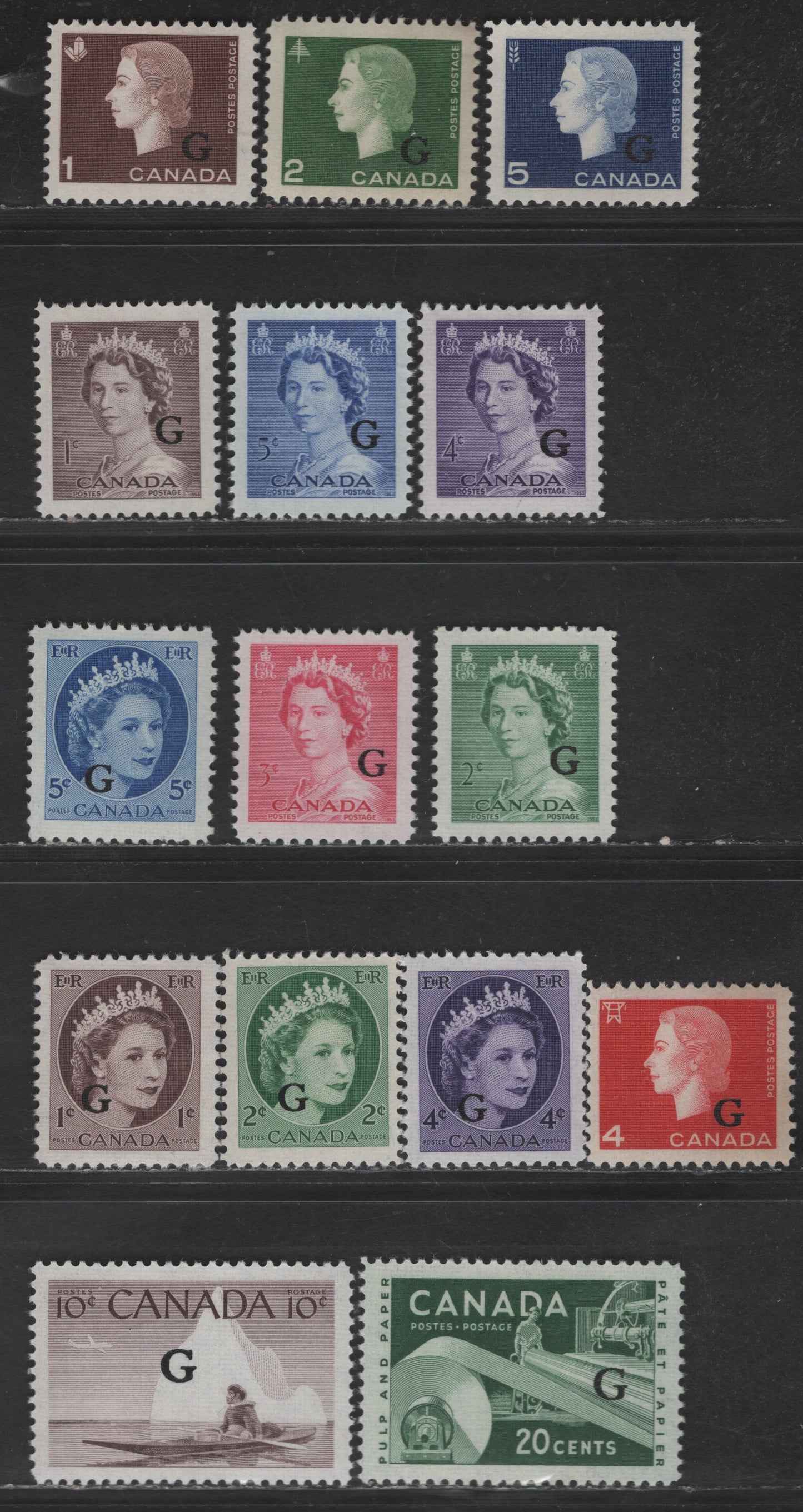 Lot 26 (C) Canada SC#O33-O37, O39-O49 1c - 5c Violet Brown - Violet Blue Queen Elizabeth II, 1953-1963 Karsh - Cameo Issues, 15 VFNH Singles, Natural Gum Skip On 2c Cameo