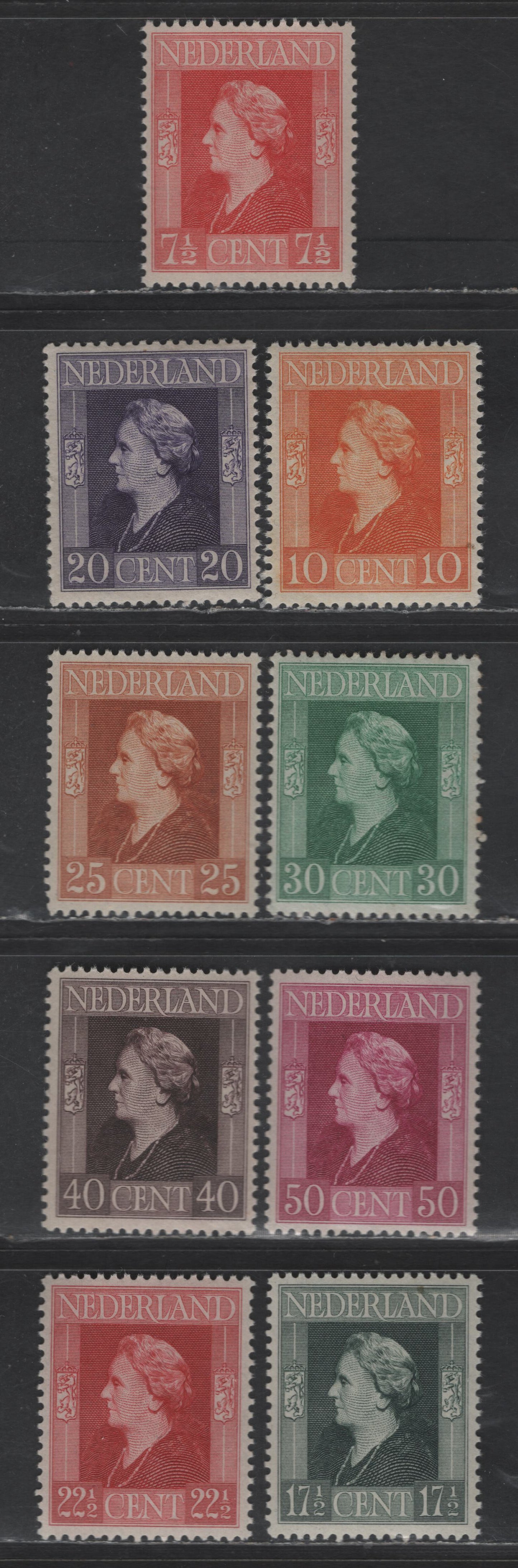 Netherlands SC#266-267, 270-276 7.5c - 50c Vermillion - Red Violet Queen Wilhelmina, 1944-1946 Bradbury-Wilkinson Pictorial Issue, 9 VFNH Singles