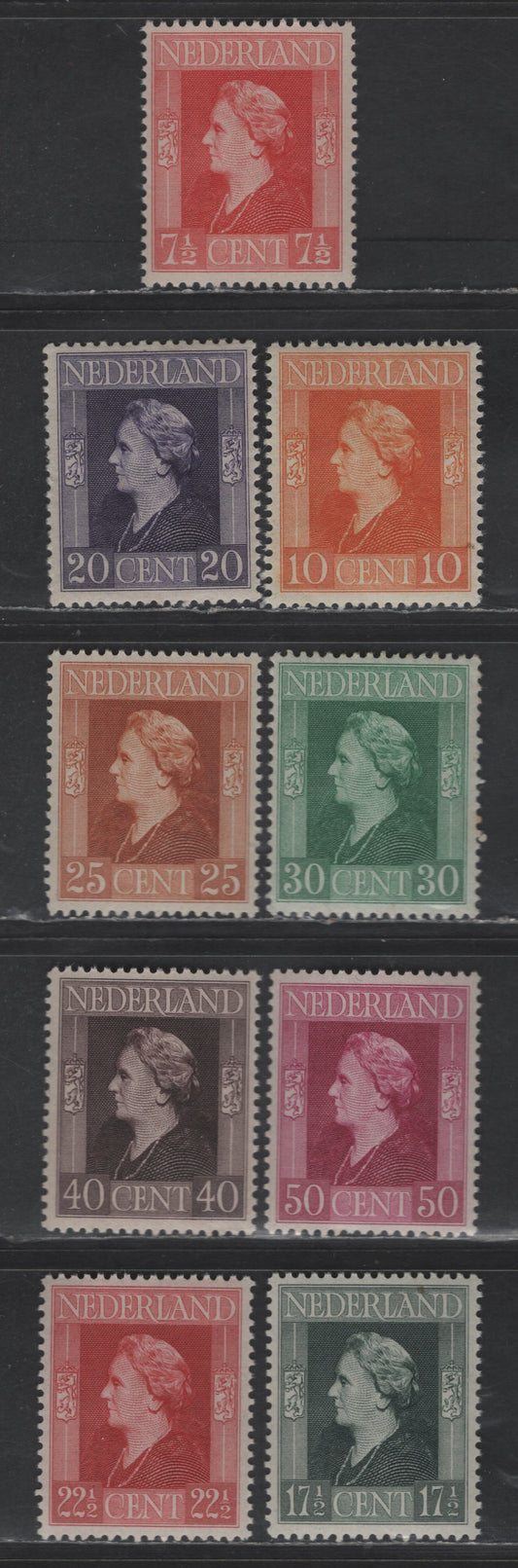 Netherlands SC#266-267, 270-276 7.5c - 50c Vermillion - Red Violet Queen Wilhelmina, 1944-1946 Bradbury-Wilkinson Pictorial Issue, 9 VFNH Singles