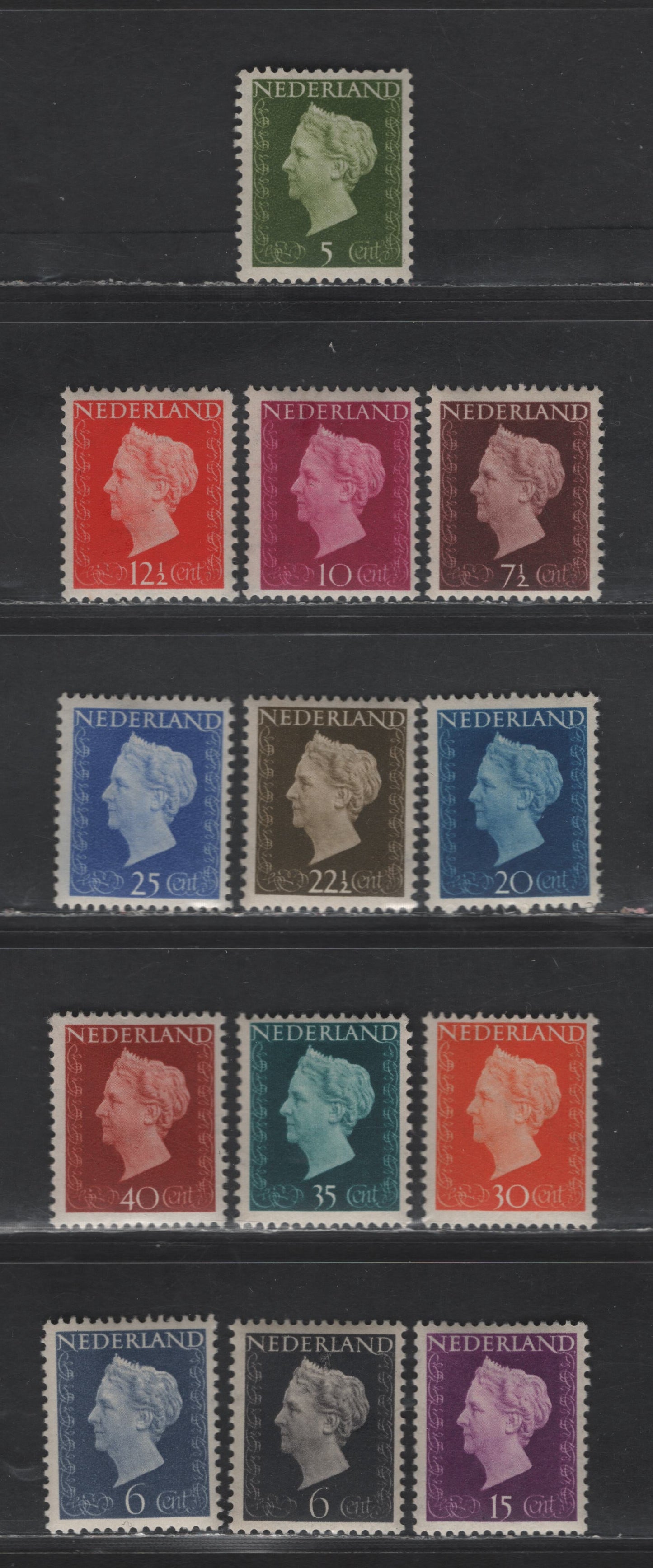 Lot 262 Netherlands SC#286-297, 301 5c - 40c Olive Green - Henna Brown Queen Wilhelmina, 1947-1948 Queen Wilhelmina Issue, 13 F/VFOG Singles