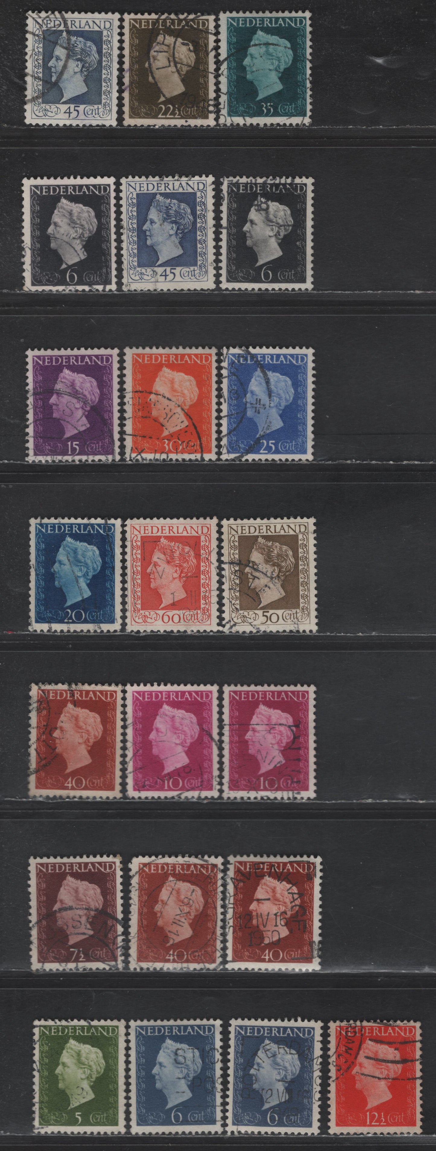 Lot 265 Netherlands SC#285-301 5c - 60c Olive Green - Red Queen Wilhelmina, 1947-1948 Queen Wilhelmina Issue, 22 Fine/Very Fine Used Singles, Unlisted Shades