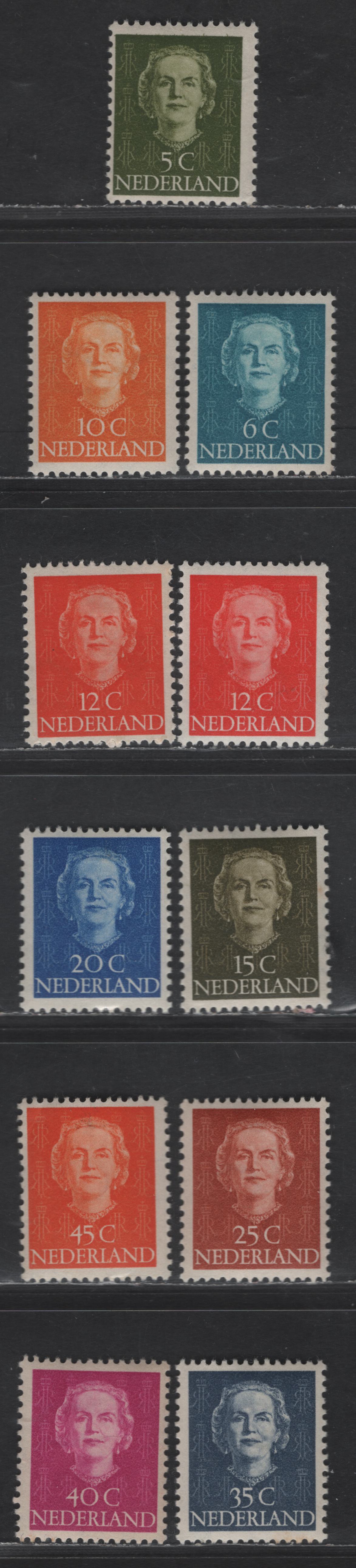 Lot 266 Netherlands SC#306-312, 314-316 5c - 45c Olive Green - Red Orange Queen Juliana, 1949 Queen Juliana Issue, 11 F/VFOG Singles, Includes 2 Shades Of 12c
