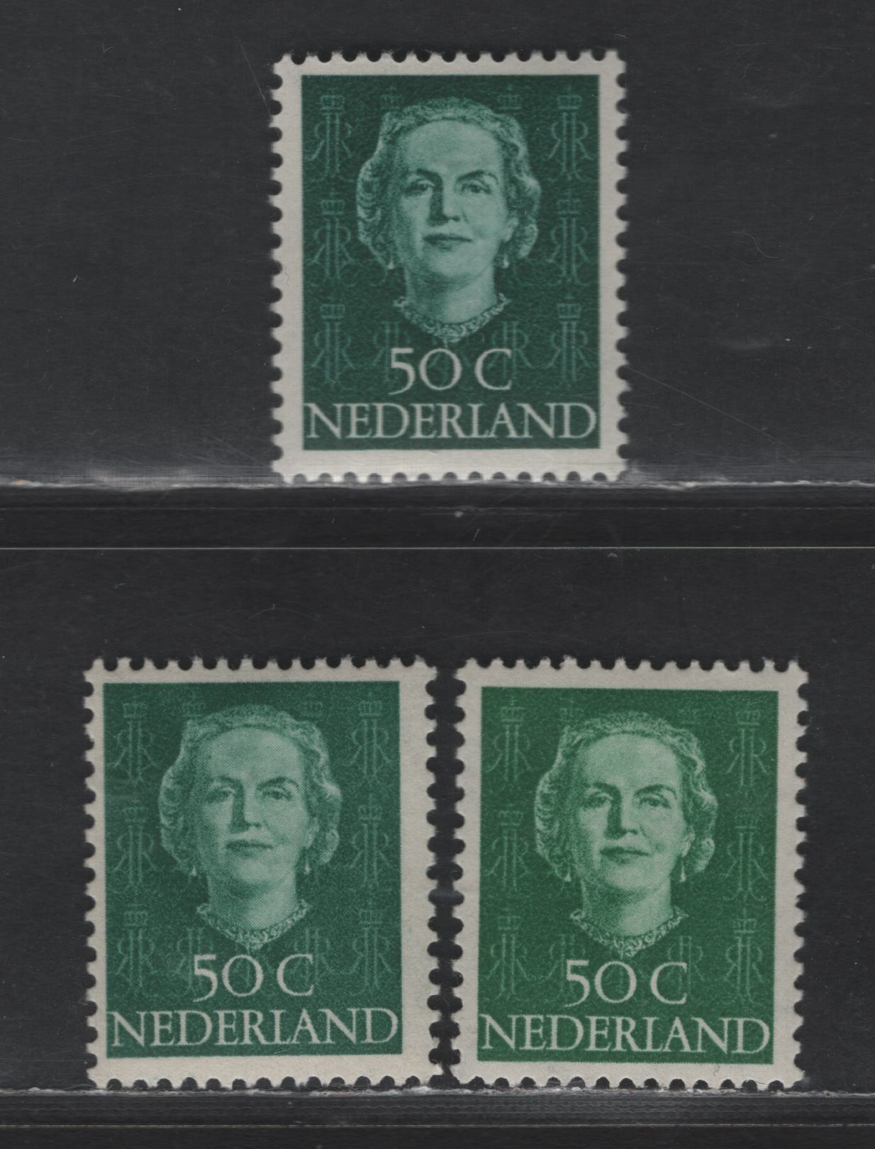 Lot 268 Netherlands SC#317 50c Blue Green Queen Juliana, 1949 Queen Juliana Issue, 3 F/VFOG Singles, 3 Different Shades