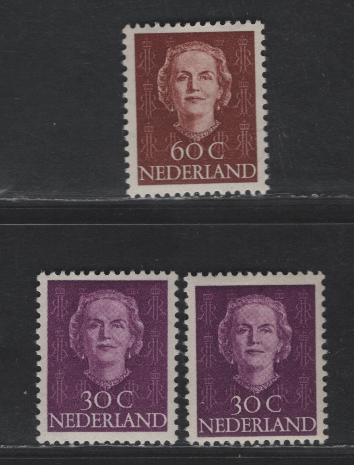 Lot 269 Netherlands SC#313, 318 30c - 60c Violet - Red Brown Queen Juliana, 1949 Queen Juliana Issue, 3 VFOG Singles
