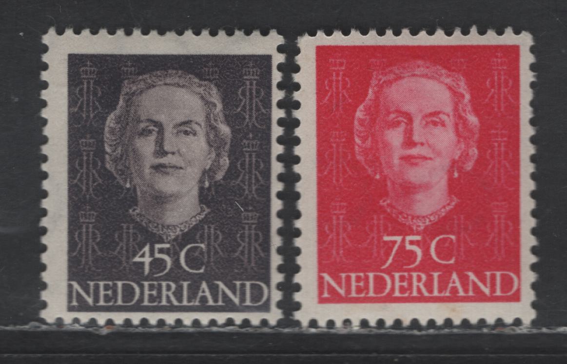 Lot 271 Netherlands SC#326-327 45c - 75c Violet Brown - Carmine Rose Queen Juliana, 1950-1951 Queen Juliana Issue, 2 FOG Singles
