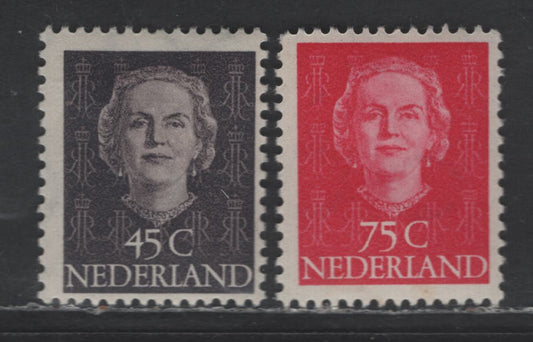 Lot 271 Netherlands SC#326-327 45c - 75c Violet Brown - Carmine Rose Queen Juliana, 1950-1951 Queen Juliana Issue, 2 FOG Singles