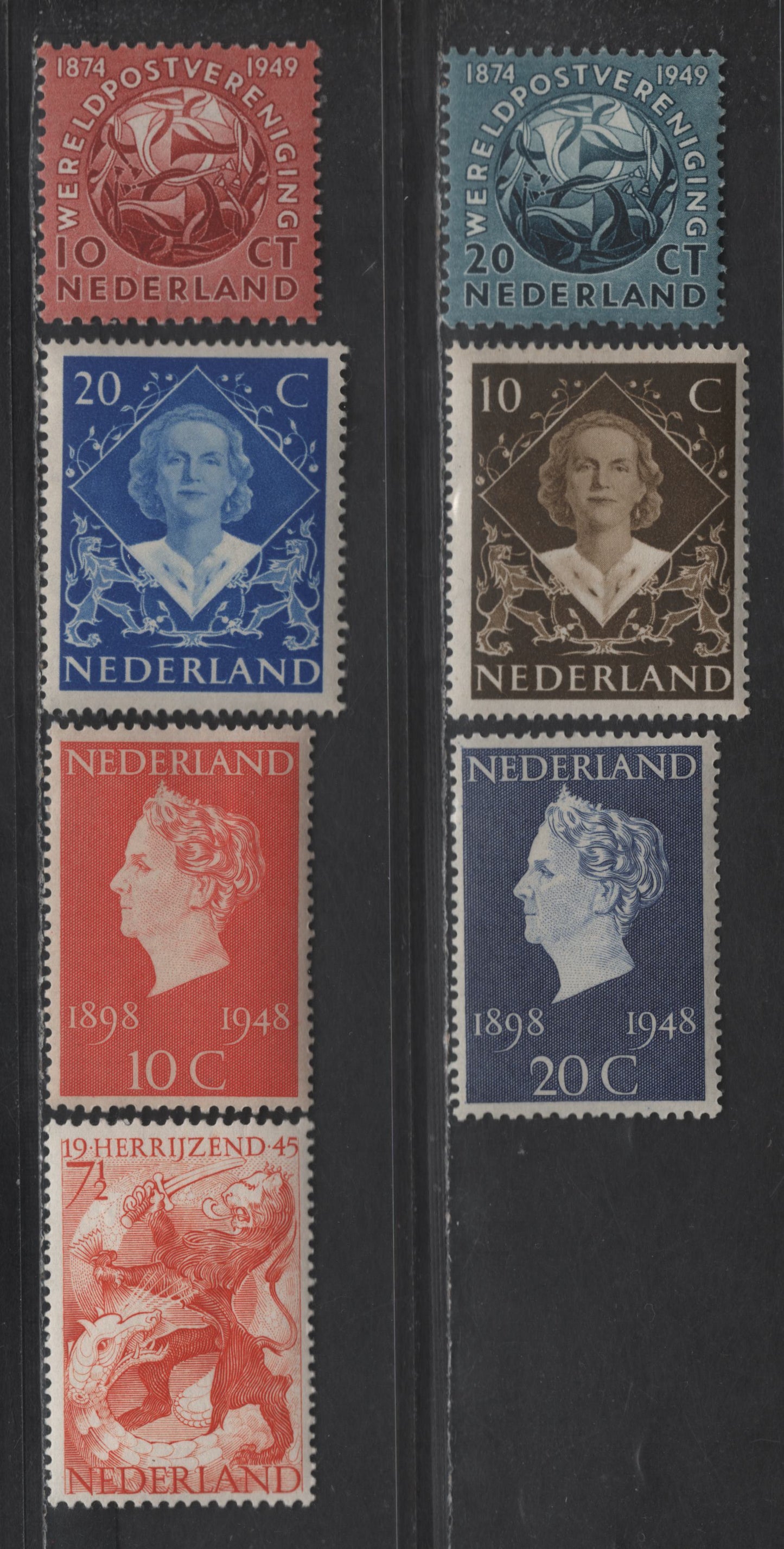 Lot 273 Netherlands SC#277, 302-305, 324-325 7.5c - 20c Red Orange - Dull Blue Queen Juliana, Queen Wilhelmina & Pictorials, 1944-1951 Pictorial Issues, 7 VFNH/OG Singles