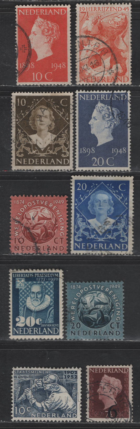 Lot 274 Netherlands SC#277, 302-305, 323-324, 328-334 7.5c - 10c Orange - Dark Blue Liberation - Mining & Chemicals, 1945-1952 Liberation - Mining & Chemicals Issues, 10 Very Fine Used Singles