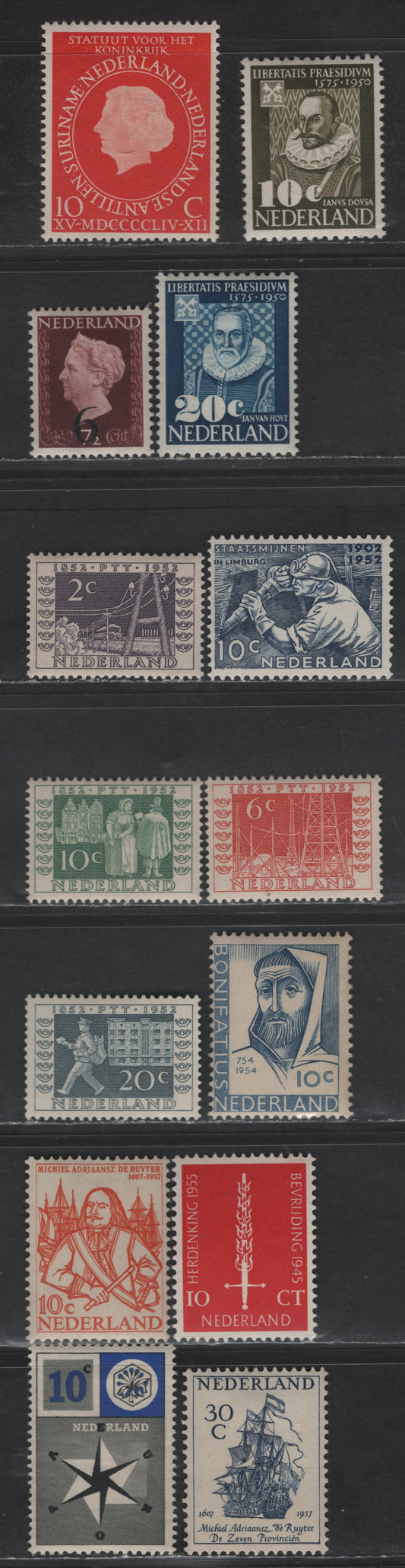 Lot 275 Netherlands SC#328-335, 365-367, 370-372 10c Olive Brown - Black, Gray & Ultramarine University of Leyden - United Europe, 1950-1957 University of Leyden - United Europe Issues, 14 VFOG Singles
