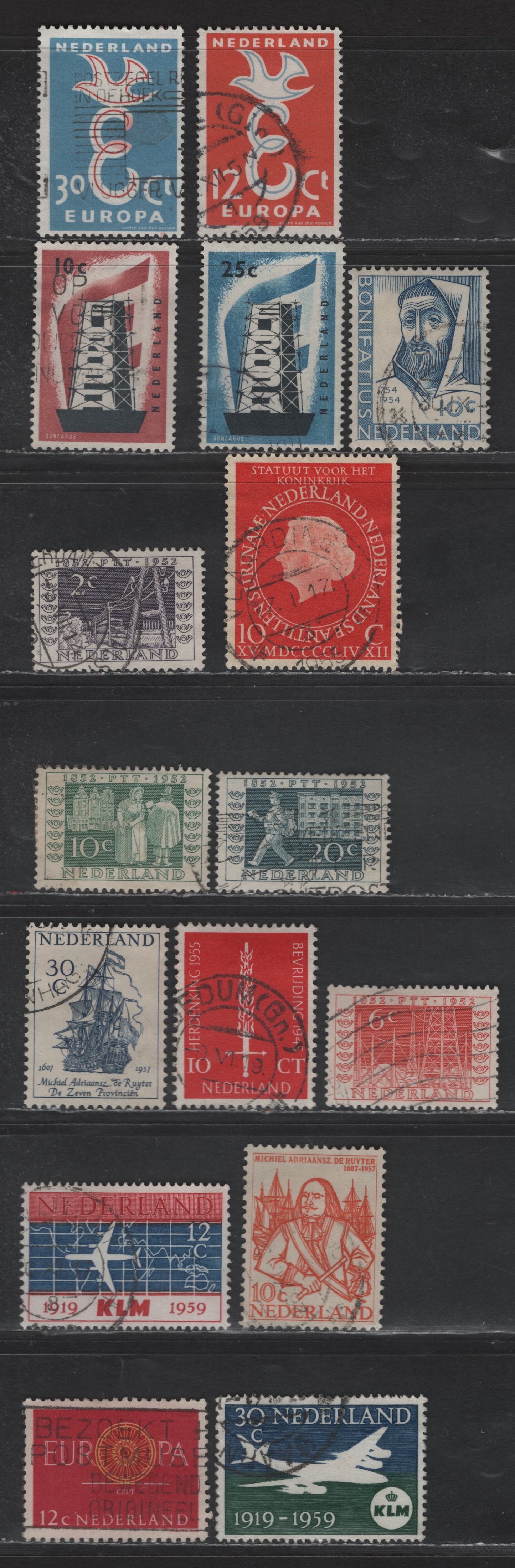Netherlands SC#332-335, 365-371, 375-376, 381-382, 385 2c - 12c Gray Violet - Carmine Rose & Orange Postage Stamp Centenary - Europa, 1952-1960 Postage Stamp Centenary - Europa Issues, 16 Very Fine Used Singles