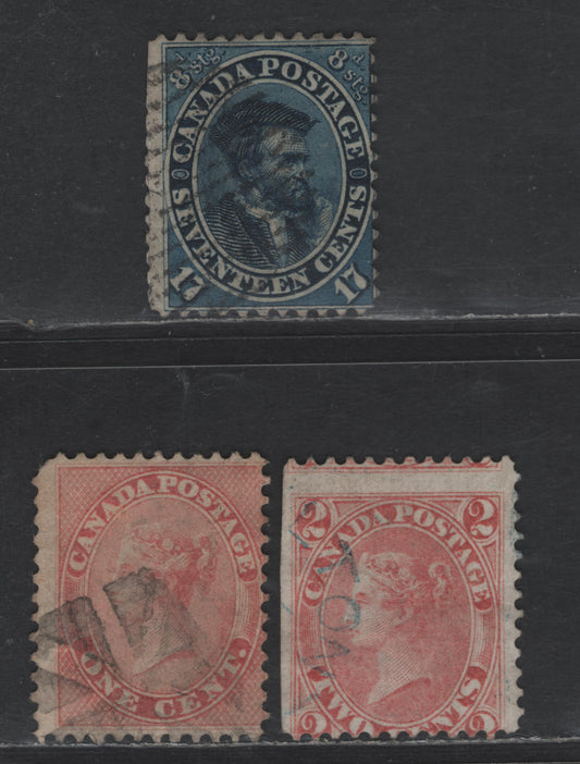 Lot 28 Canada SC#14, 19, 20i 1c - 17c Rose - Blue Queen Victoria, 1859-1864 First Cents Issue, 3 Good/Very Good Used Singles, 17c With Clipped Perfs At UL, 2c With Cut Edge At Left & 1c With Pulled UL Corner