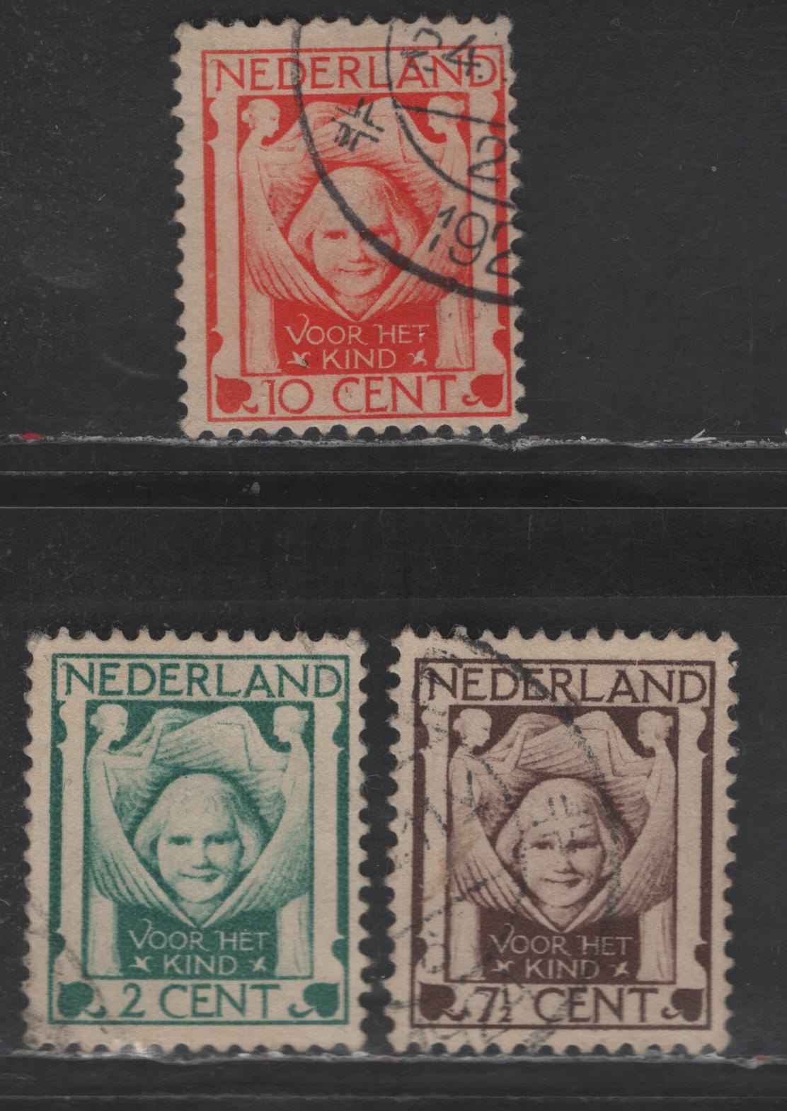 Lot 288 Netherlands SC#B6-B8 2c+2c - 10c+2.5c Emerald - Vermillion Allegory, Charity Protecting Child, 1924 Semi Postal Issue, 3 Very Fine Used Singles