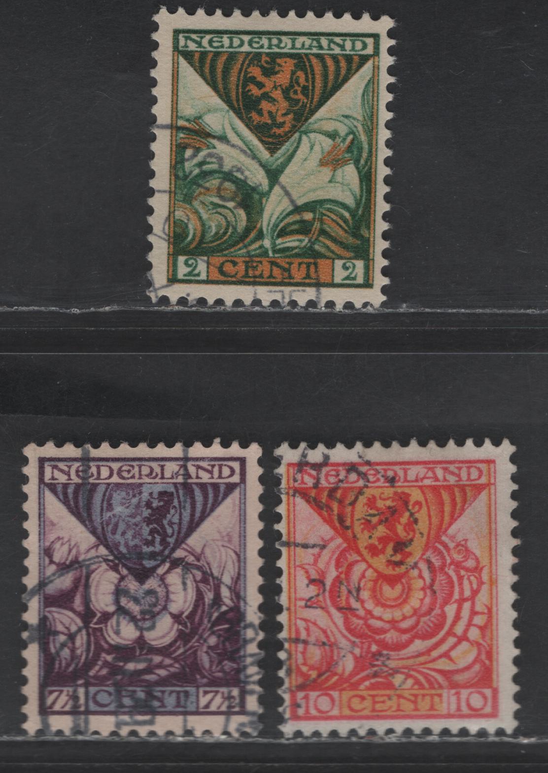 Netherlands SC#B9-B11 2c+2c - 10c+2.5c Green & Orange - Red & Orange Arms, 1925 Semi Postal Issue, 3 Very Fine Used Singles