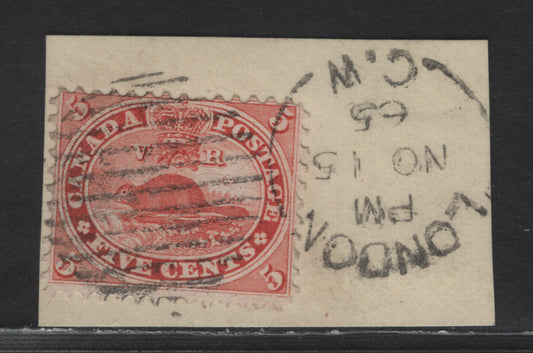 Lot 29 Canada SC#15ii 5c Orange Red Beaver, 1859-1864 First Cents Issue, A Fine Used On Piece Single, Perf 12