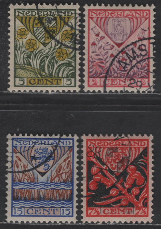 Lot 291 Netherlands SC#B21-B24 2c+2c - 15c+3c Deep Rose & Violet - Ultramarine & Orange Brown Arms, 1927 Semi Postal Issue, 4 Very Fine Used Singles