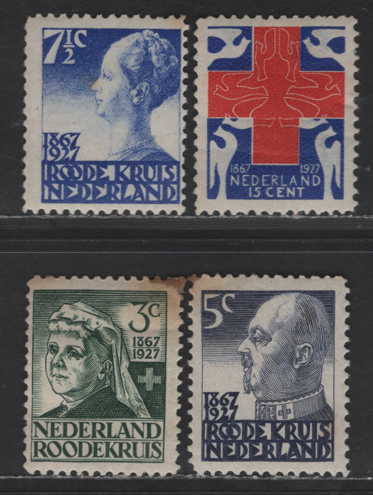 Lot 292 Netherlands SC#B17-B20 3c+2c - 15c+5c Deep Green - Ultramarine & Red Queen Emma - Red Cross & Doves, 1927 Semi Postal Issue, 4 F/VFOG/NH Singles, 5c Is NH, Rest OG, Toned Paper On 3c