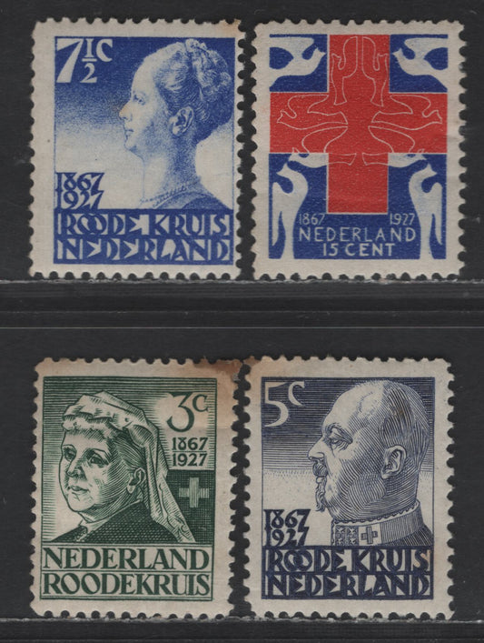 Lot 292 Netherlands SC#B17-B20 3c+2c - 15c+5c Deep Green - Ultramarine & Red Queen Emma - Red Cross & Doves, 1927 Semi Postal Issue, 4 F/VFOG/NH Singles, 5c Is NH, Rest OG, Toned Paper On 3c