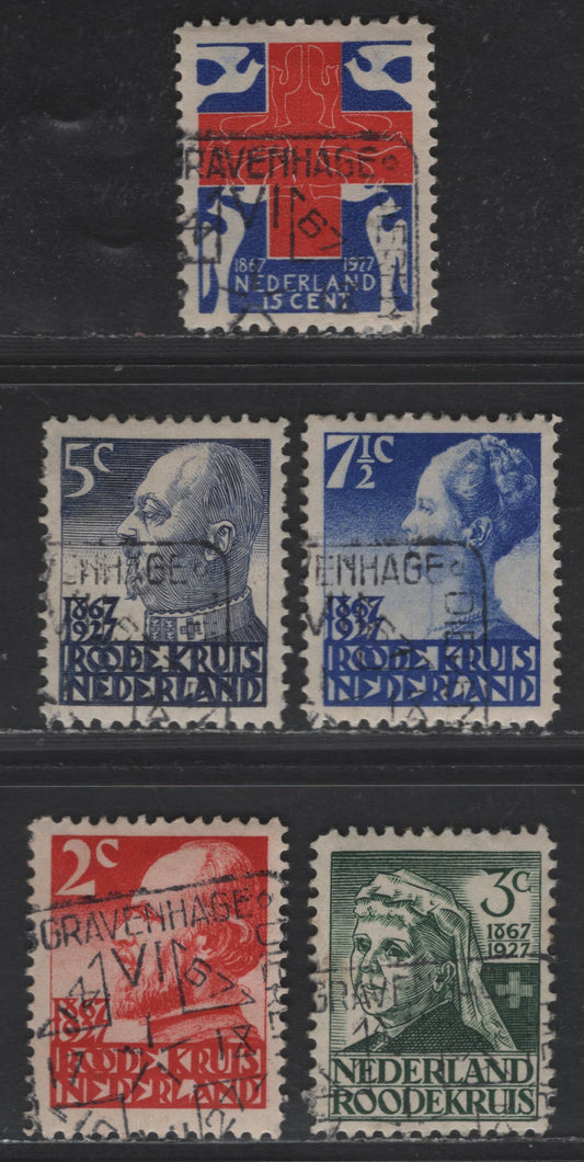 Lot 293 Netherlands SC#B16-B20 2c+2c - 15c+5c Scarlet - Ultramarine & Red King William III - Red Cross 7 Doves, 1927 Semi Postal Issue, 5 Very Fine Used Singles