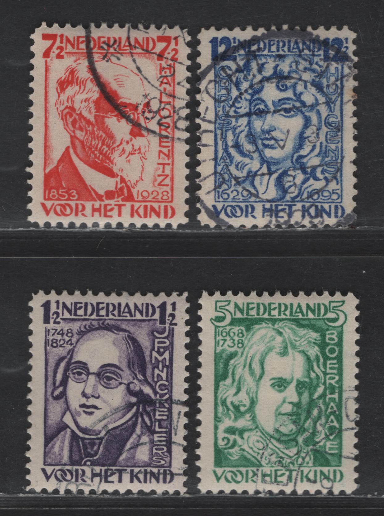 Netherlands SC#B33-B36 1.5c+1.5c - 12.5c+3.5c Violet - Ultramarine Jean Pierre Minckelers - Christian Huygens, 1928 Semi Postal Issue, 4 Very Fine Used Singles
