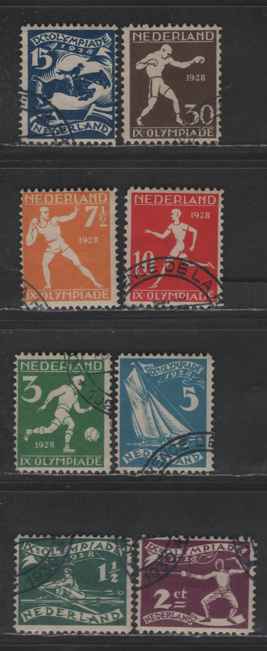Lot 296 Netherlands SC#B25-B32 1.5c+1c - 30c+3c Dark Green - Dark Brown Rowing - Boxing, 1928 Semi Postal Issue, 8 Very Fine Used Singles