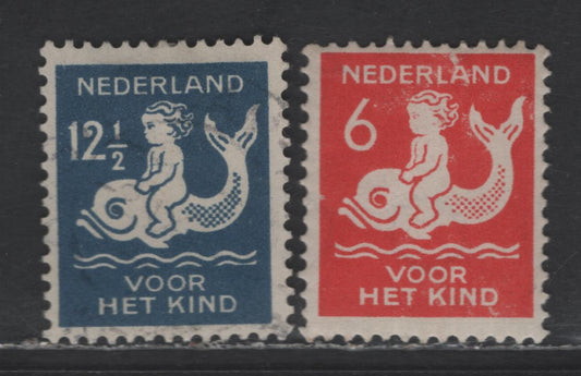 Lot 297 Netherlands SC#B39-B40 6c+4c - 12.5c+3.5c Scarlet - Dark Blue Child on Dolphin, 1929 Semi Postal Issue, 2 F/VFOG Singles