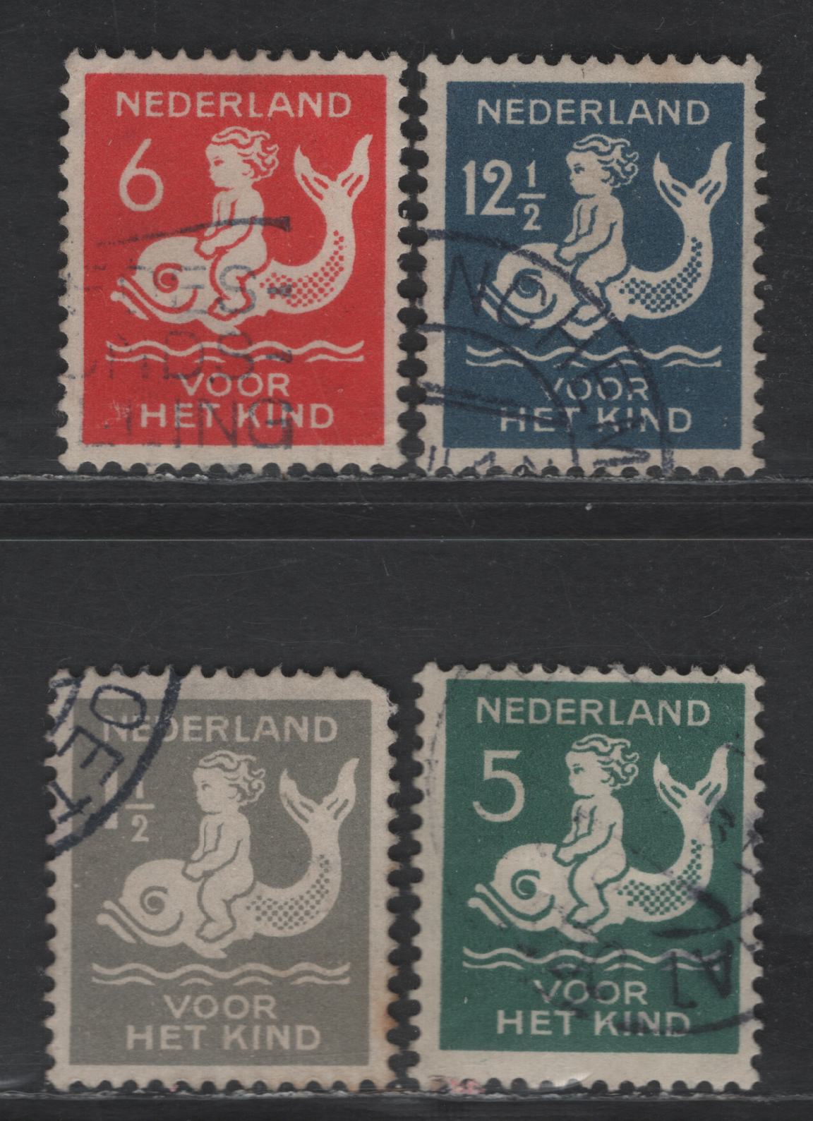 Netherlands SC#B37-B40 1.5c+1.5c - 12.5c+3.5c Gray - Dark Blue Child on Dolphin, 1929 Semi Postal Issue, 4 Very Fine Used Singles, 6c Has A Wrinkle