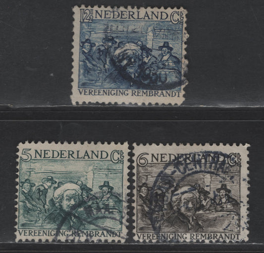 Netherlands SC#B41-B43 5c+5c - 12.5c+5c Blue Green - Deep Blue Rembrant & Cloth Merchants, 1930 Semi Postal Issue, 3 Fine/Very Fine Used SIngles