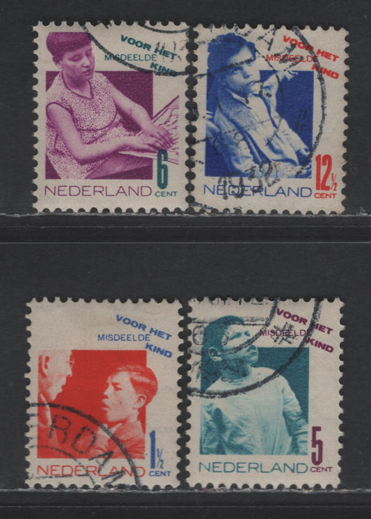 Lot 302 Netherlands SC#B50-B53 1.5c+1.5c - 12.5c+3.5c Vermillion & Ultramarine - Ultramarine & Deep Orange Deaf Mute Learning Lip Reading - Child Victim of Malnutrition, 1931 Semi Postal Issue, 4 Very Fine Used Singles