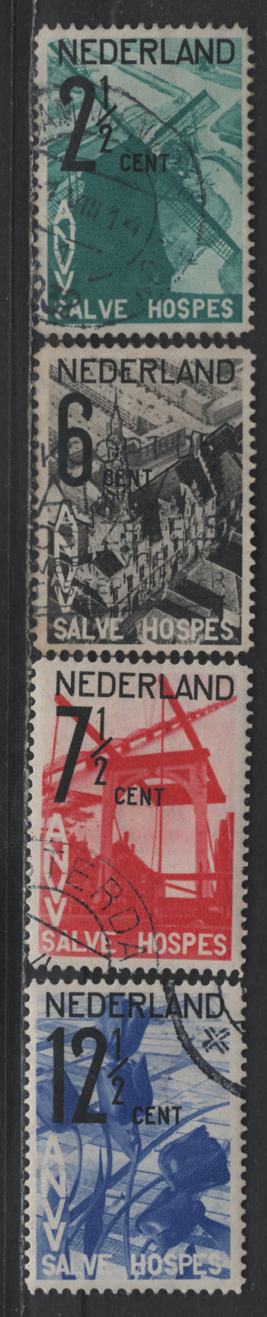 Lot 303 Netherlands SC#B54-B57 2.5c+1.5c - 12.5c+2.5c Turquoise Green & Black 0 Ultramarine & Black Drawbridge - Flower Fields, 1932 Semi Postal Issue, 4 Very Fine Used Singles