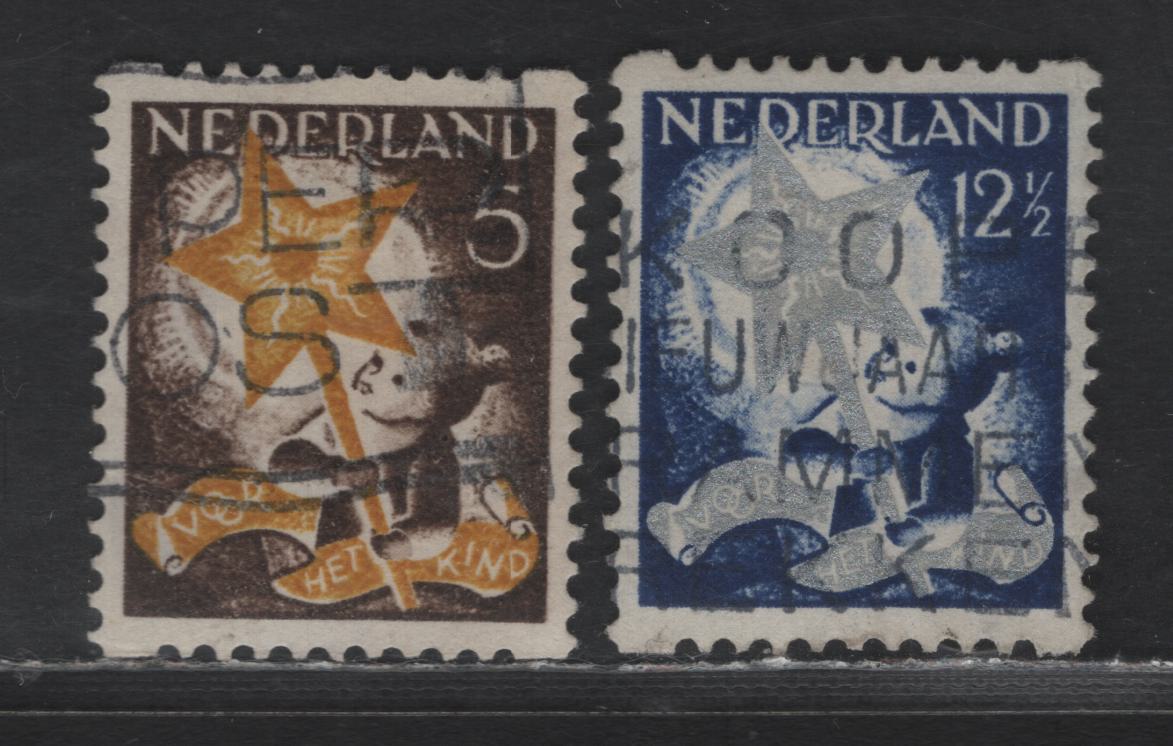 Lot 308 Netherlands SC#B67a, B69a 5c+3c - 12.5c+3.5c Dark Brown & Ocher - Dark Blue & Silver Child Carrying The Star Of Hope, 1933 Semi Postal Issue, 2 Very Fine Used Singles, Syncopated Perfs, Type C