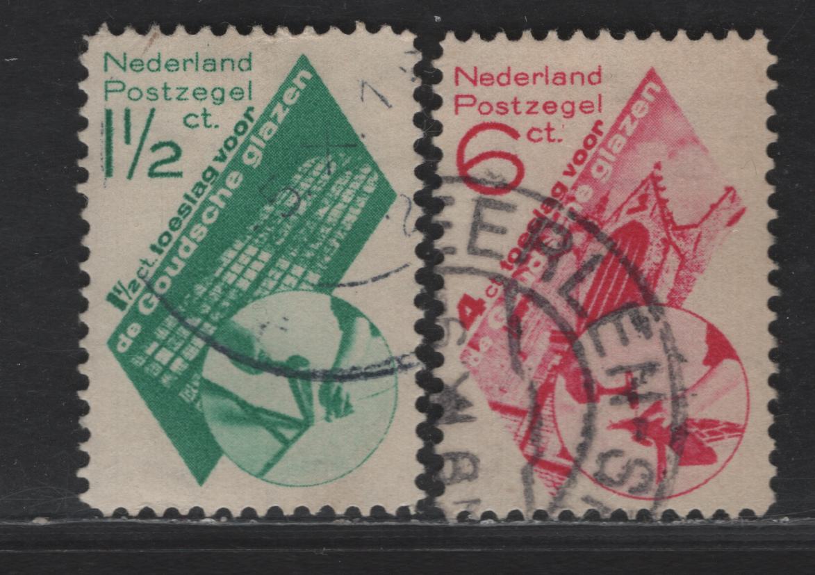 Lot 309 Netherlands SC#B48-B49 1.5c+1.5c - 6c+4c Blue Green - Carmine Rose Stained Glass Window & Detail Of Repair Method - Gouda Church, 1931 Semi Postal Issue, 2 Very Fine Used Singles