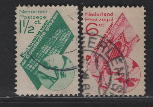 Lot 309 Netherlands SC#B48-B49 1.5c+1.5c - 6c+4c Blue Green - Carmine Rose Stained Glass Window & Detail Of Repair Method - Gouda Church, 1931 Semi Postal Issue, 2 Very Fine Used Singles